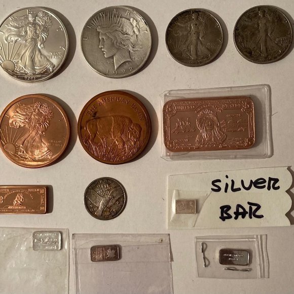Lot of 13 Silver and Copper Coins and Bars, 1922 and More, Fine Silver, One Doll